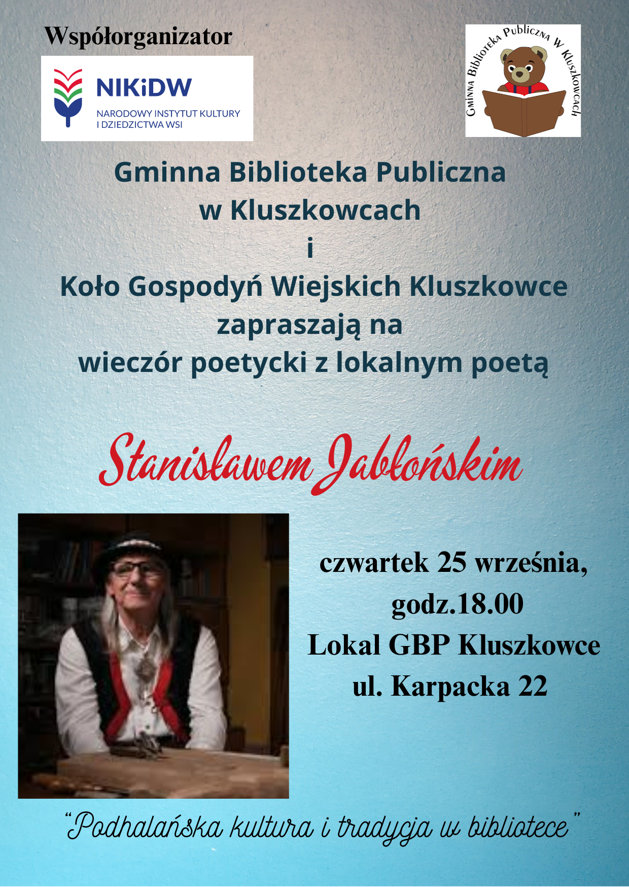 Wieczór poetycki ze Stanisławem Jabłoński. Serdecznie zapraszamy!